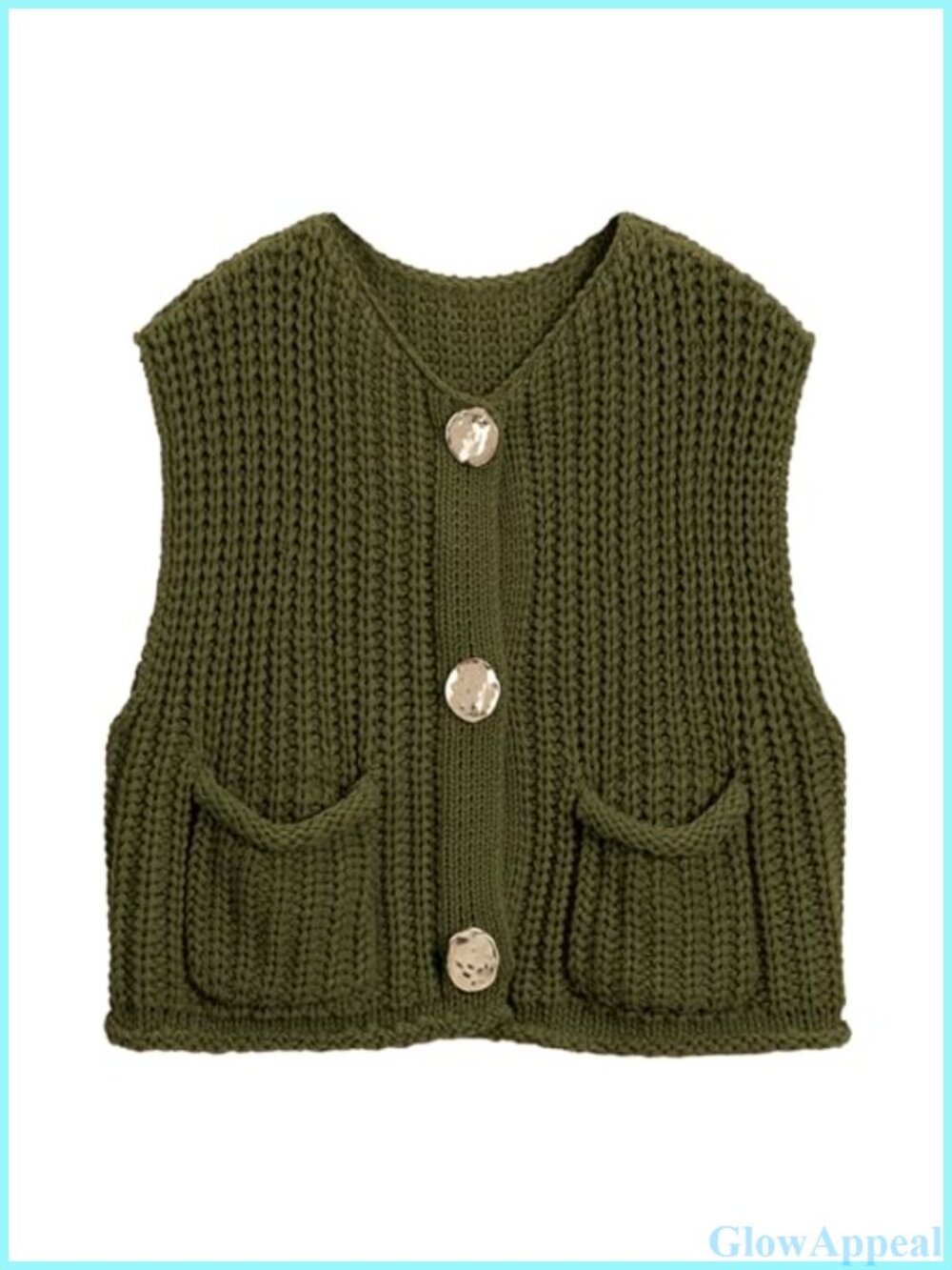 Crochet Knit Sweater Vest Button Down Sleeveless Crewneck Pockets Loose Fit